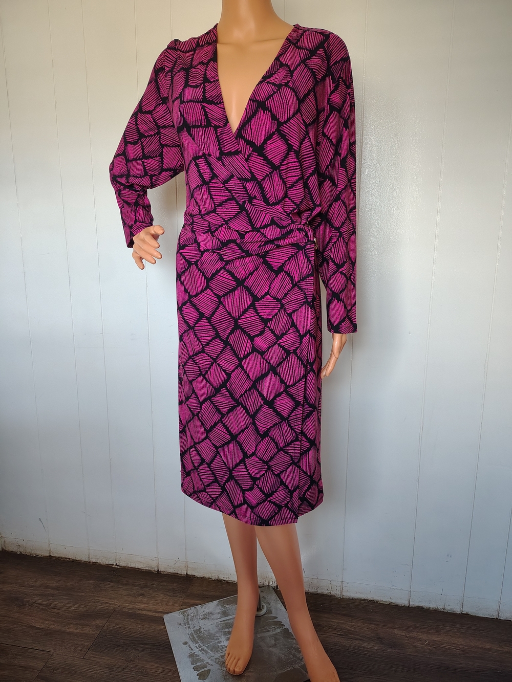 KiANNE KLEIN Magenta Pink & Black Faux Wrap Dress Gold Ring Hardware XL